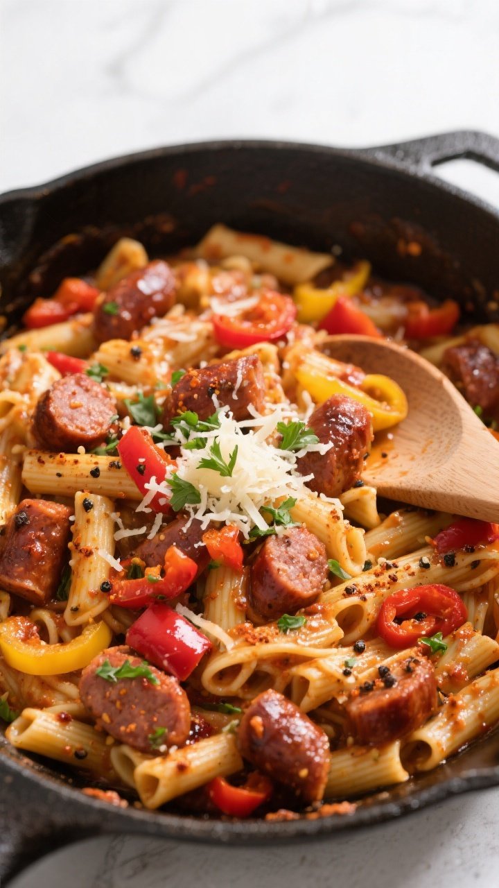 Overhead “tasty top view”: One-pan Cajun sausage pasta just after combining—pasta and sausage 