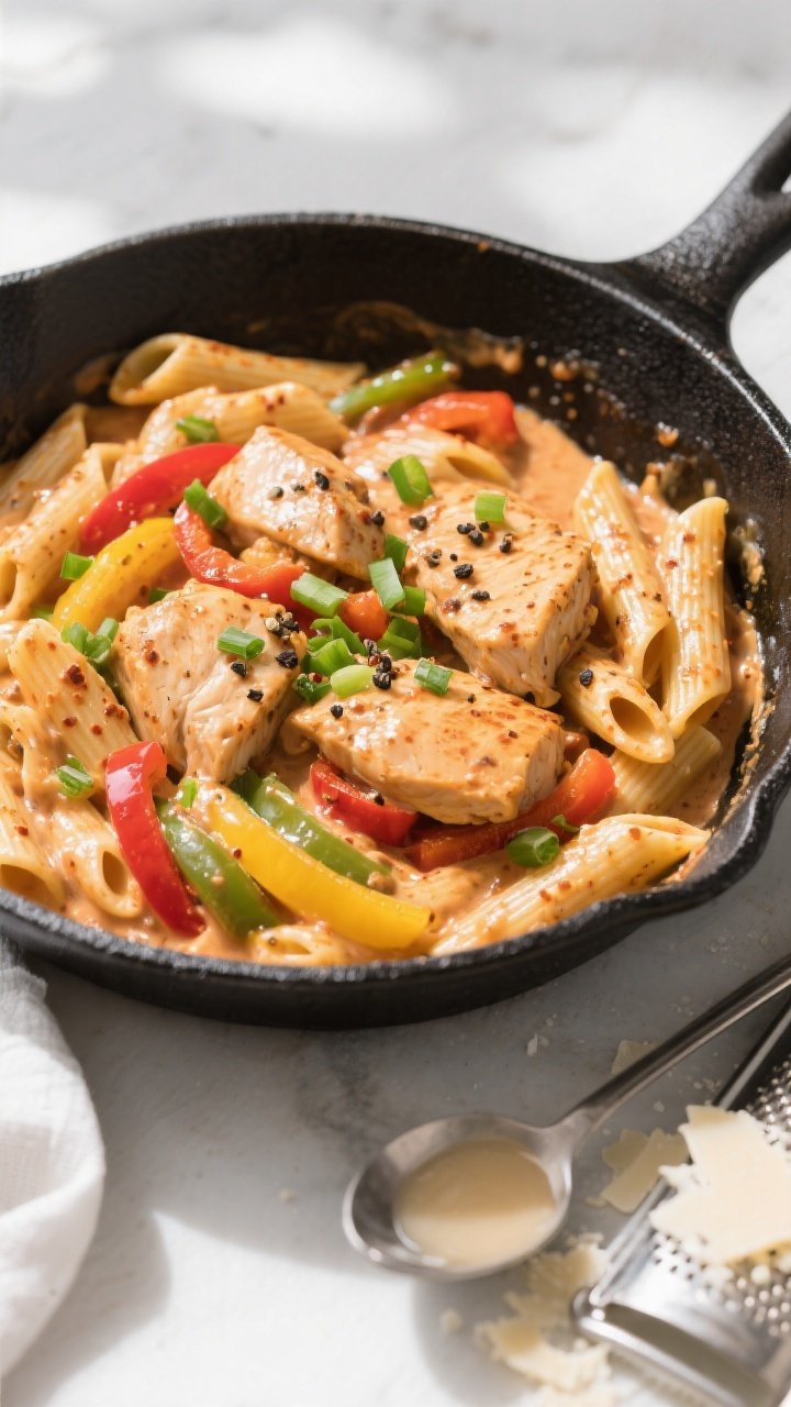 Overhead tasty top view: Skillet-to-table presentation of Creamy Cajun Chicken Pasta in a large blac