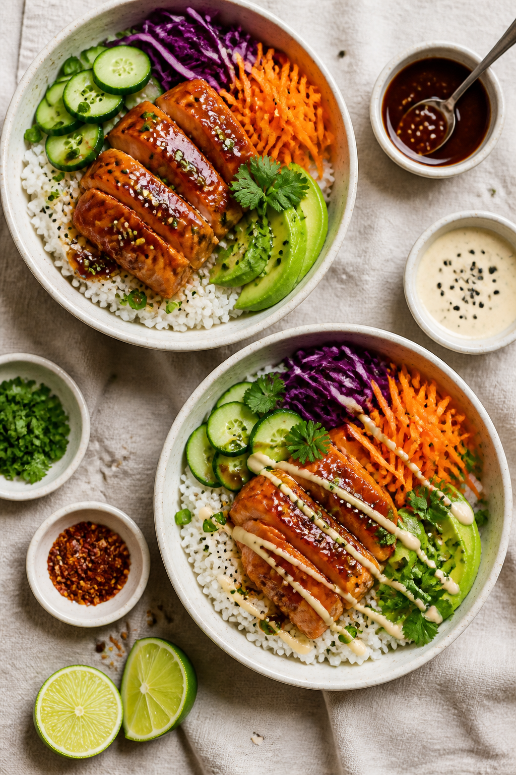 Overhead tasty top view: Top-down composition of two assembled salmon bowls on a neutral linen with