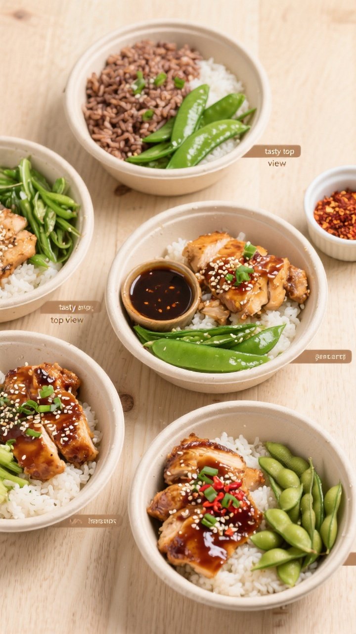 Overhead “tasty top view”: Top-down shot of multiple meal-prep style bowls showing portioned ter