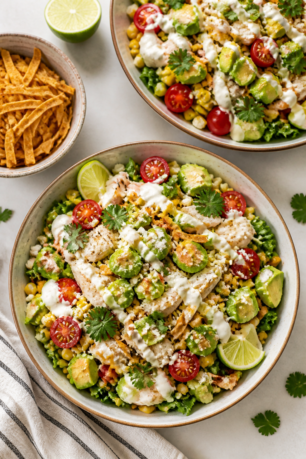 Overhead “tasty top view”: Top-down spread of assembled salad bowls ready for serving—greens e