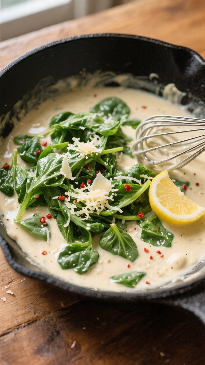 Sauce building — Creamy spinach moment: Overhead shot of the silky garlic-Parmesan cream sauce as