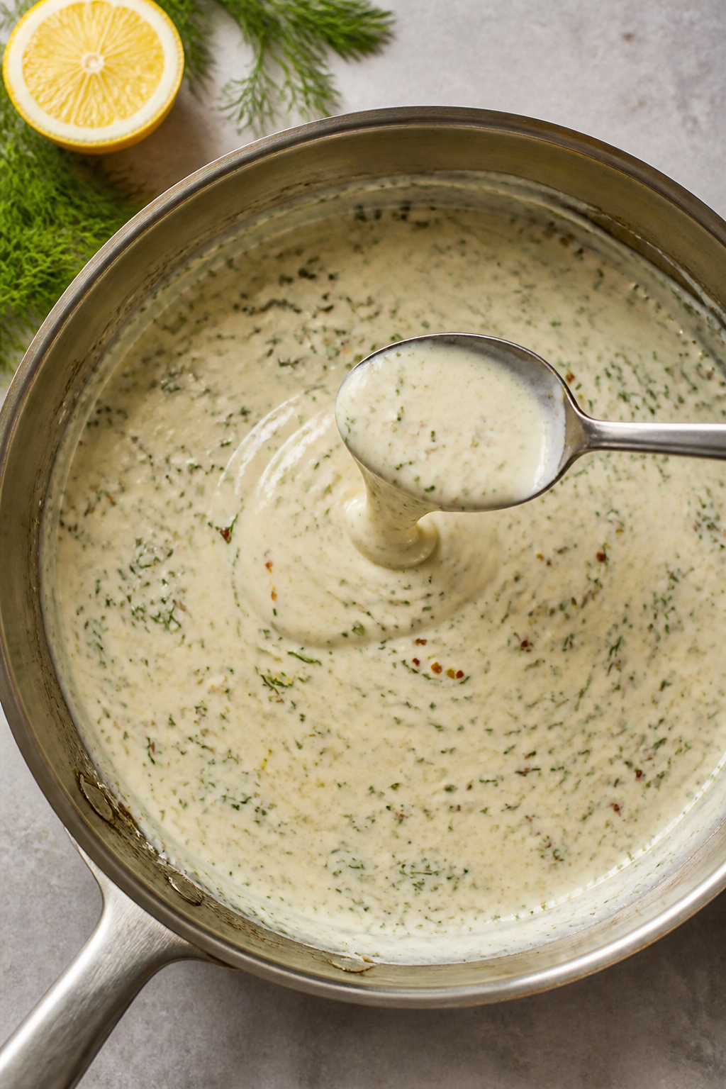 Sauce moment, overhead: Greek-yogurt dill sauce being stirred low and gentle in the same pan after d