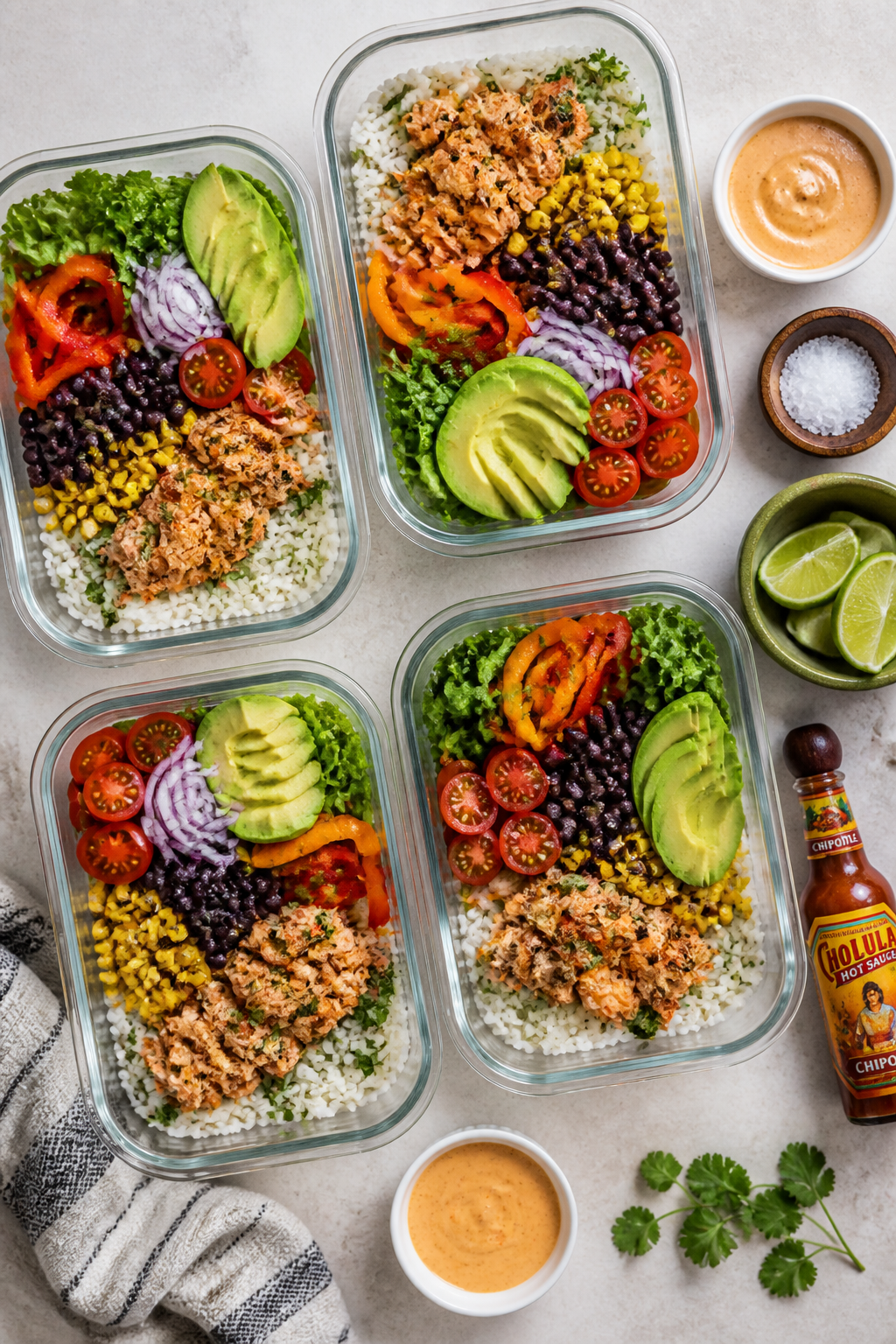 Tasty overhead meal-prep spread: Top-down shot of multiple assembled fish bowls arranged neatly for 