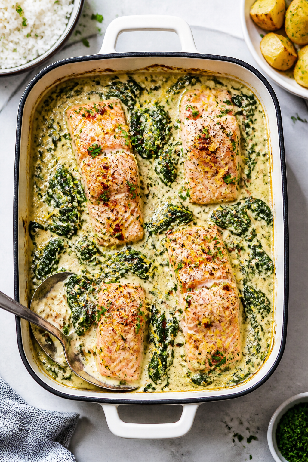 Tasty top-down serving scene: Overhead shot of the full bake in a white enamel casserole, four salmo