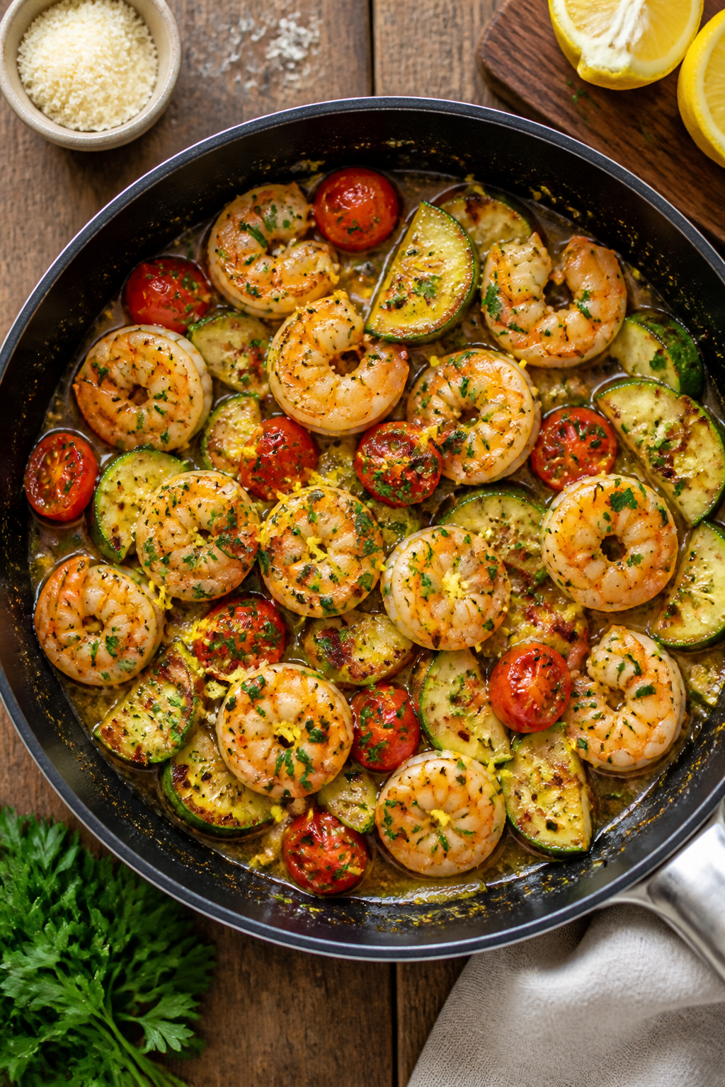 Tasty top-down serving scene: Overhead shot of the finished skillet at the table—shrimp and zucchi