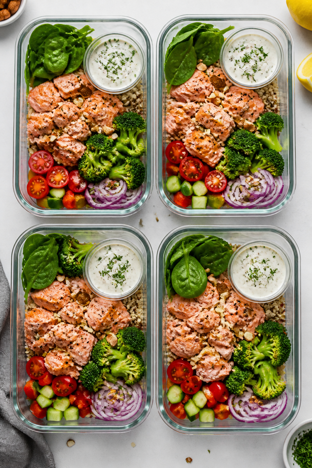 Tasty top view, assembled meal prep bowls: Overhead shot of 4 open meal prep containers arranged gri