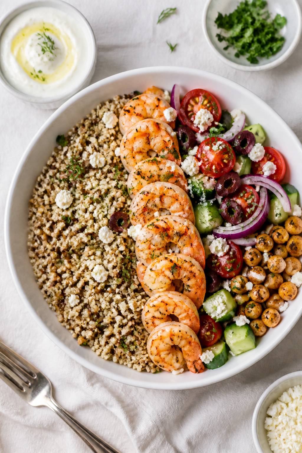 Tasty top view, assembly moment: Overhead shot of Mediterranean shrimp bowls mid-assembly—half-fil