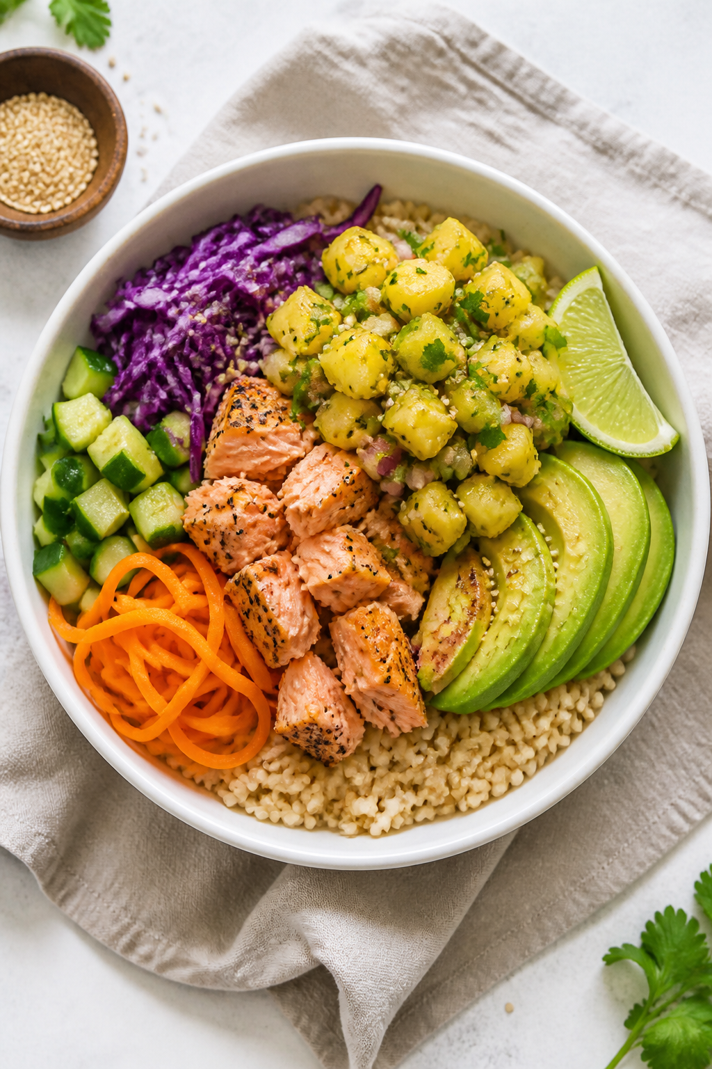 Tasty top-view assembly: Overhead shot of Healthy Pineapple Salmon Bowls just assembled—warm brown