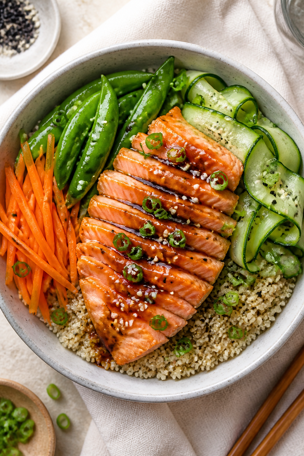 Tasty top view — Balanced weeknight bowl: Overhead shot of a salmon grain bowl featuring sliced, f
