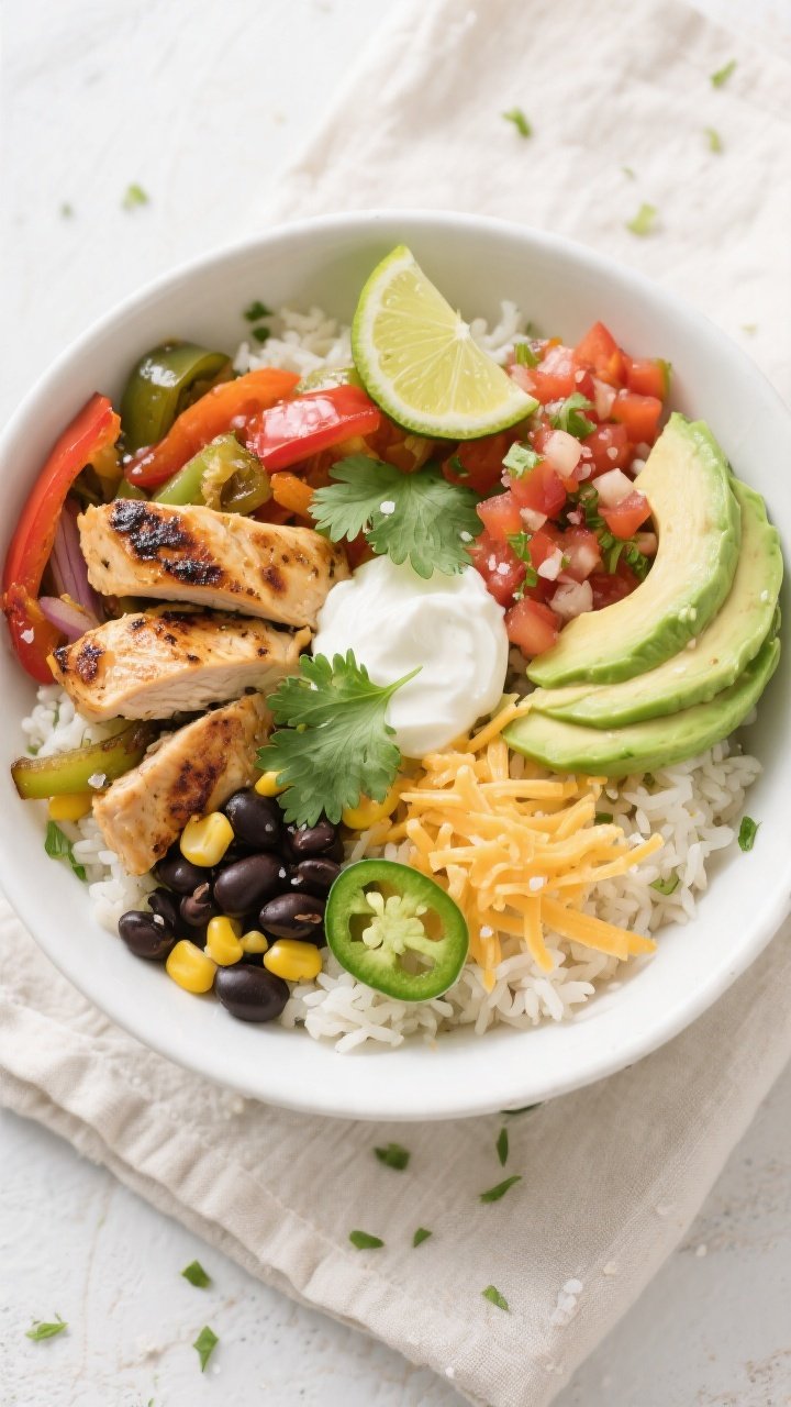 Tasty top view, build-your-bowl: Overhead shot of an assembled Chicken Fajita Rice Bowl—fluffy cil