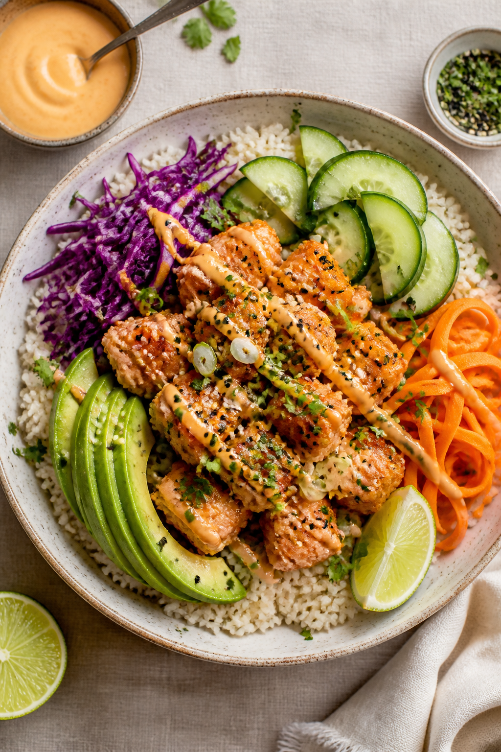 Tasty top view (final bowl): Overhead shot of Healthy Crispy Bang Bang Salmon Bowl—fluffy jasmine