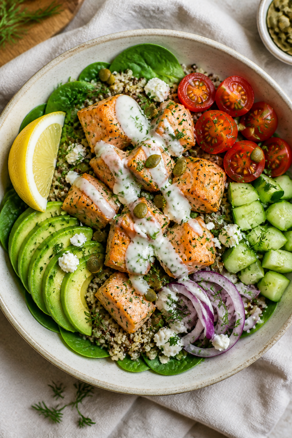 Tasty top view, final presentation: Overhead shot of Healthy Salmon & Quinoa Dinner Bowls fully asse