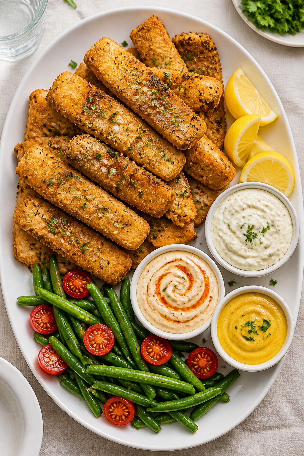 Tasty top view, final presentation: Overhead shot of a generous platter of crispy Parmesan fish stic