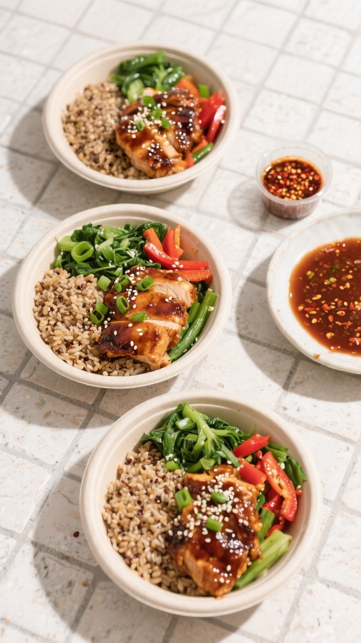 Tasty top view, meal-prep variety: Overhead shot of three assembled meal-prep bowls showing teriyaki
