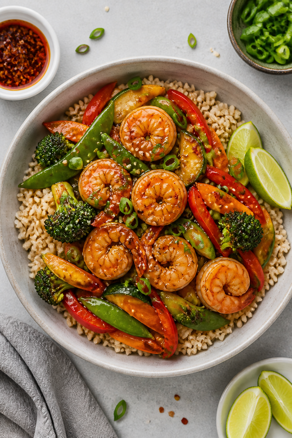 Tasty top view — overhead bowl with customization cues: Overhead shot of the finished shrimp stir 