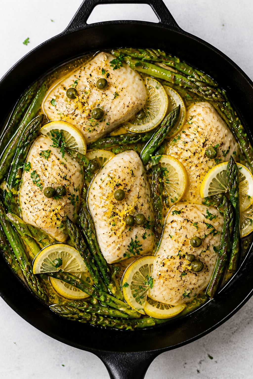 Tasty top view, overhead composition: Overhead shot of the finished one-pan cod and asparagus in the