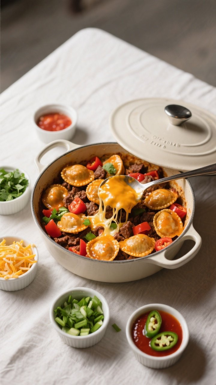 Tasty top view, overhead family-style: Overhead shot of the one-pot on the table, lid ajar, showing