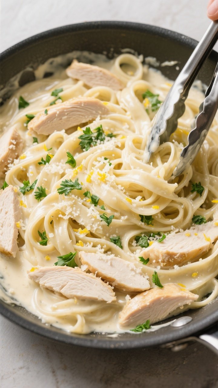 Tasty top view (overhead): Fettuccine Alfredo tossed with sliced chicken in a large sauté pan, nood