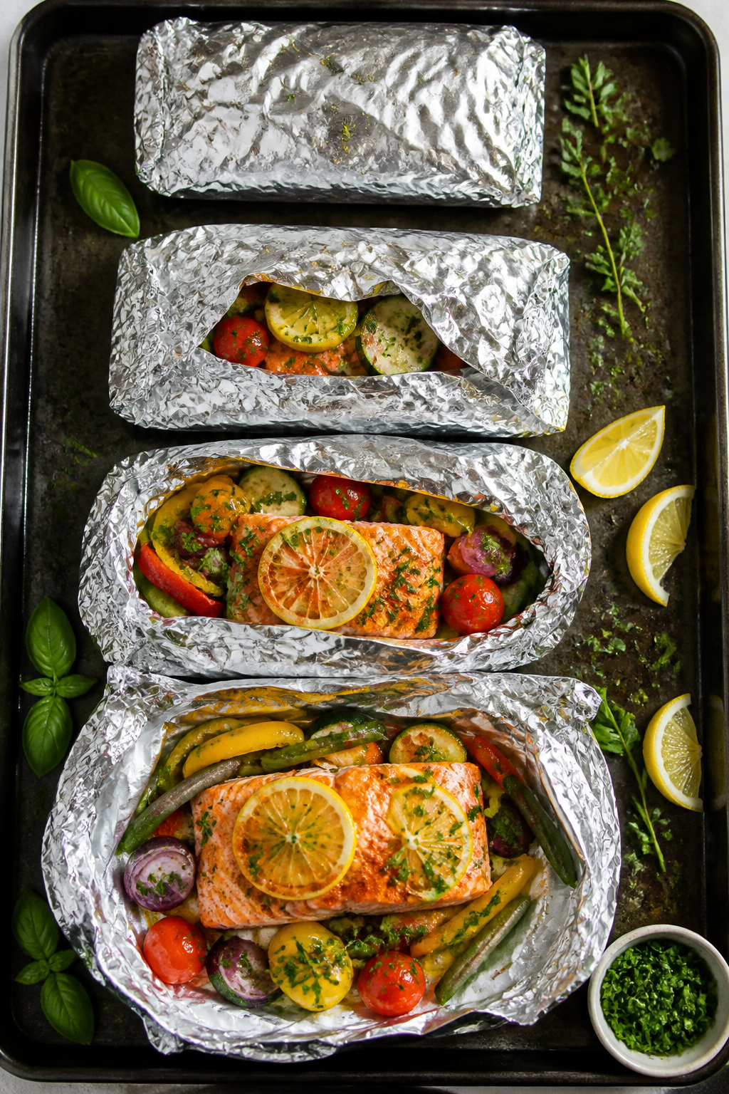 Tasty top view, overhead: Four sealed-to-opened progression of foil packets on a dark sheet pan, one