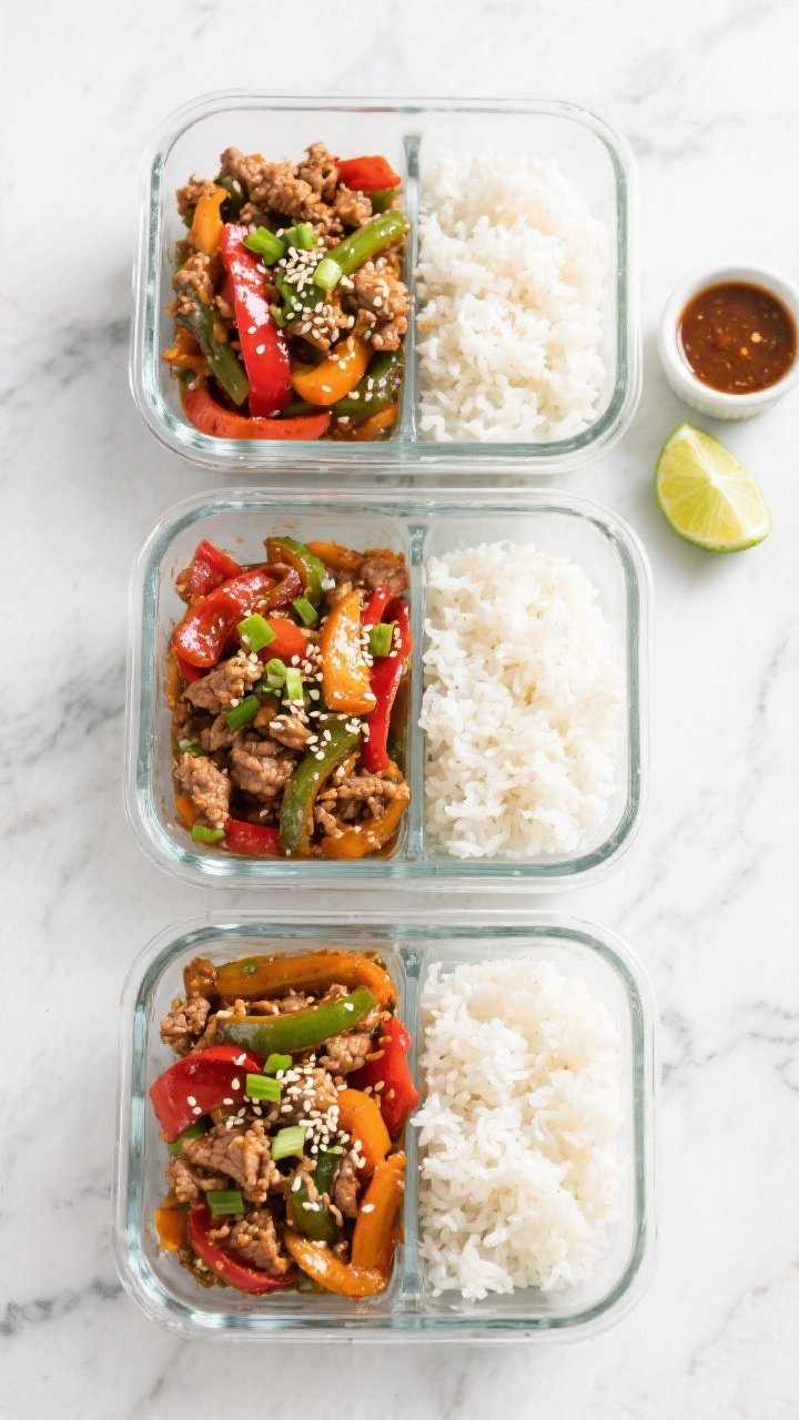 Tasty top view, overhead meal-prep vibe: Overhead shot of the finished Ground Turkey Veggie Stir Fry