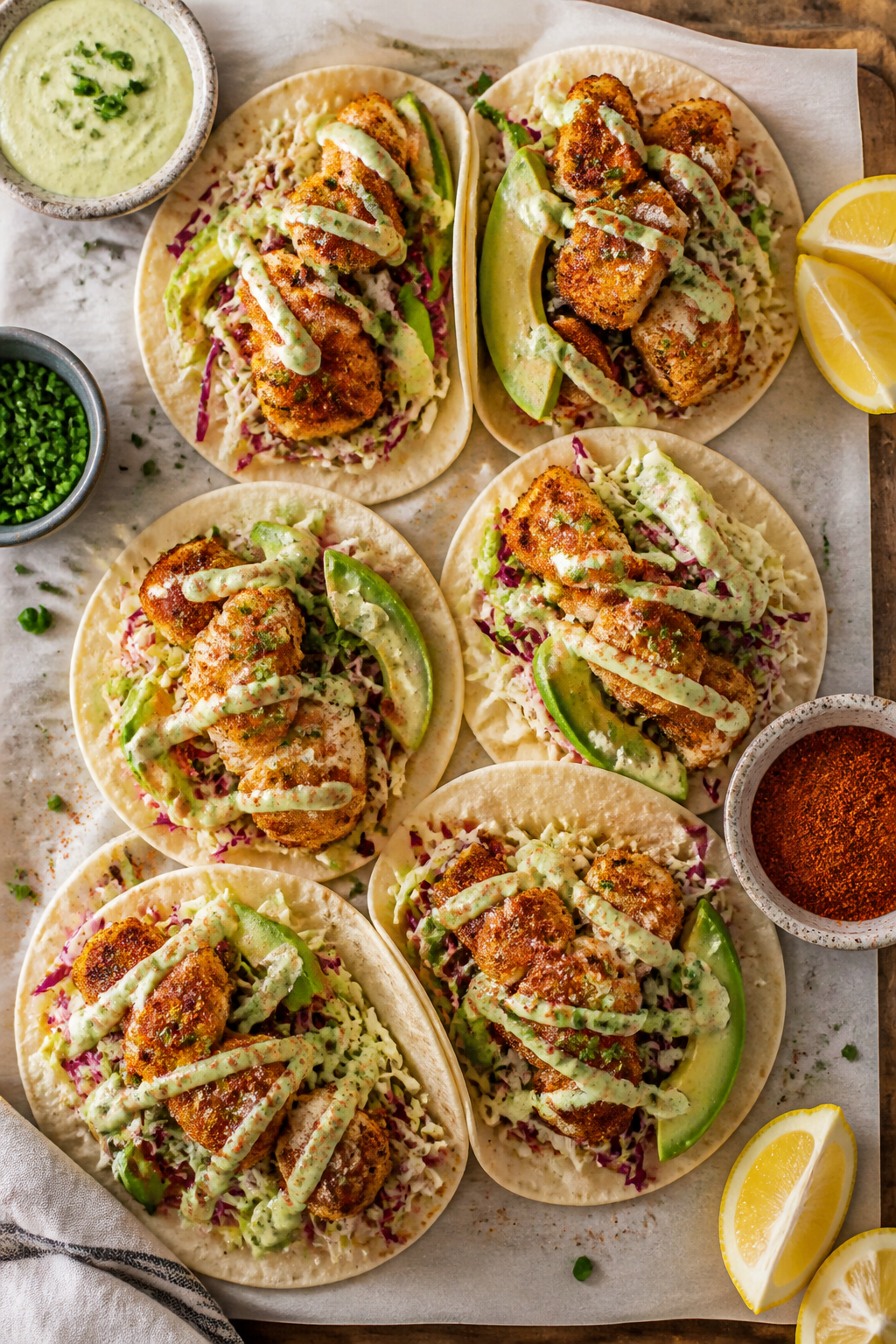 Tasty top view (overhead): Overhead shot of Cajun salmon bite tacos—warm tortillas filled with cri