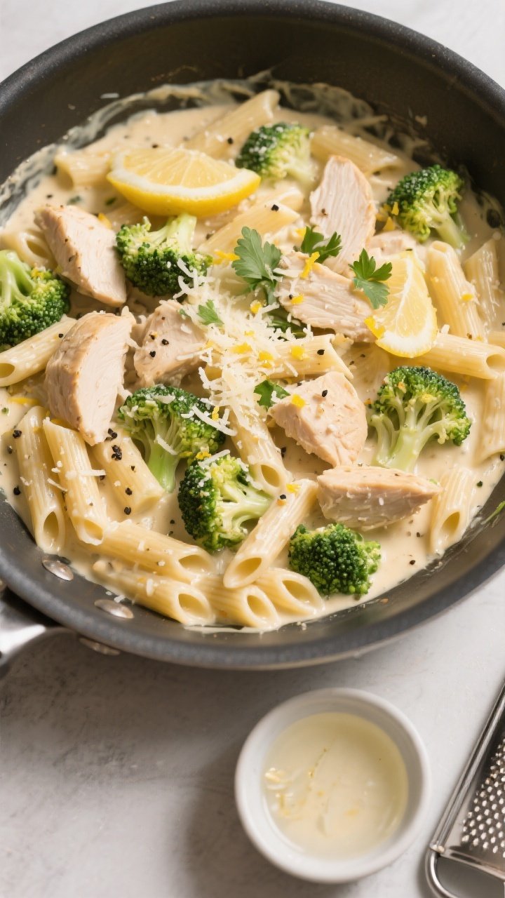 Tasty top view, overhead: Overhead shot of creamy chicken & broccoli pasta tossed in a silky Parmesa