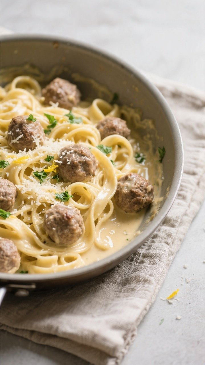 Tasty top view (overhead): Overhead shot of fettuccine Alfredo meatball pasta just tossed in the pan