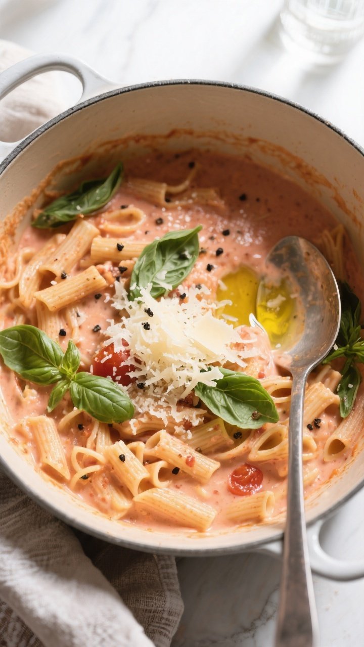 Tasty top view, overhead: Overhead shot of one-pot creamy tomato pasta just finished on low heat—s