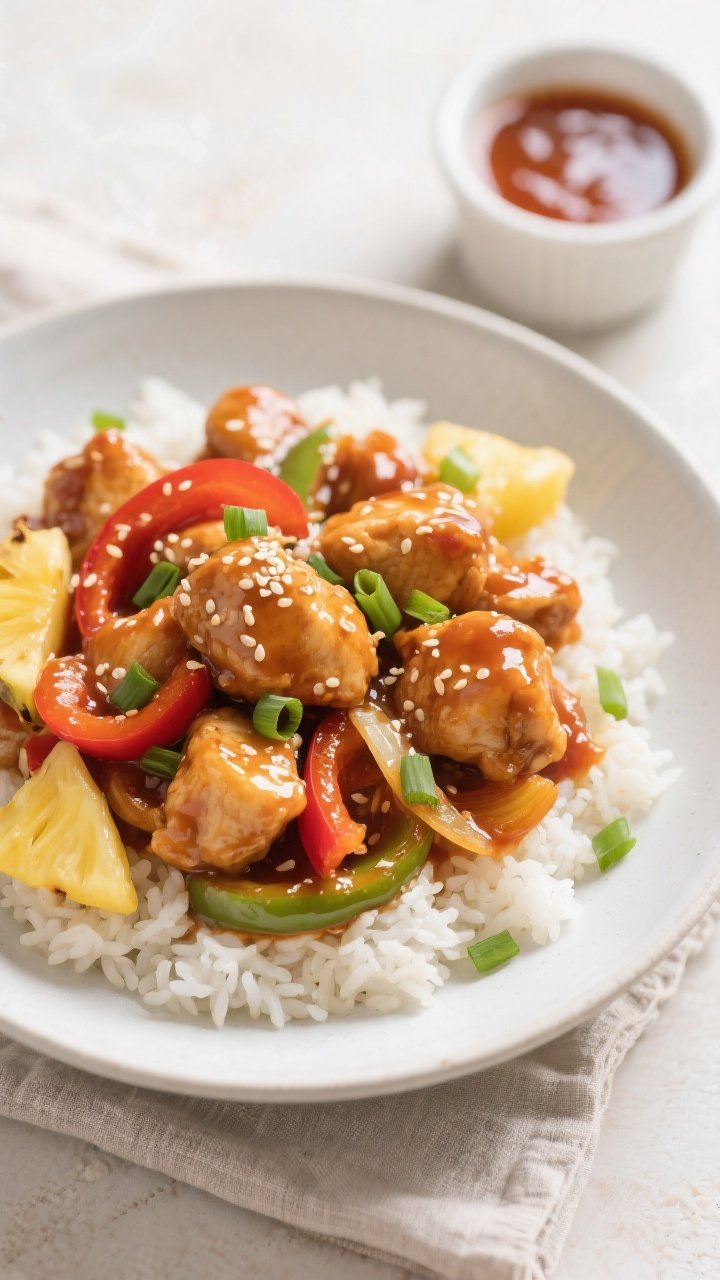 Tasty top view, overhead: Overhead shot of sweet and sour chicken just after the sauce has thickened