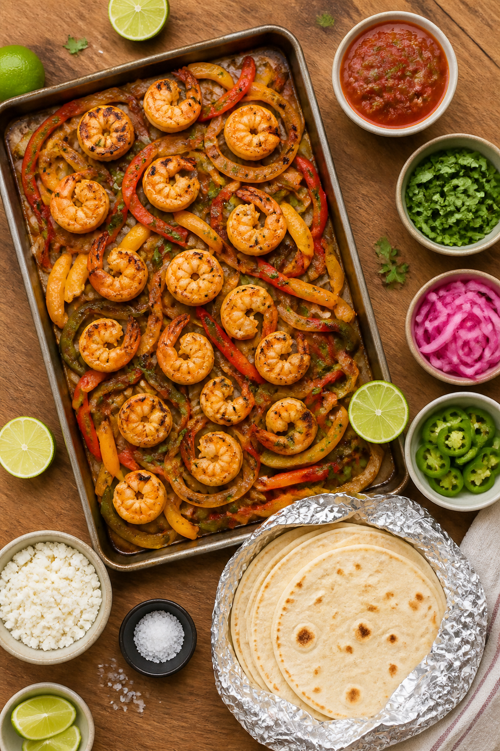Tasty top view: Overhead shot of a build-your-own fajita spread—sheet pan of cooked shrimp and car