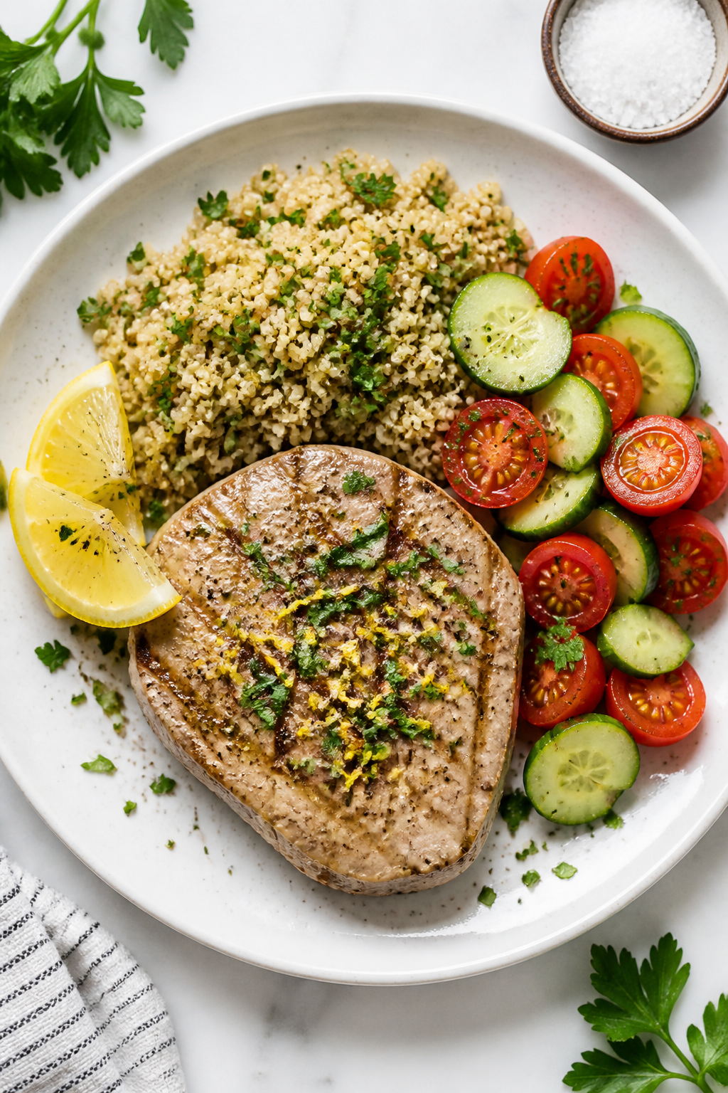 Tasty top view: Overhead shot of a complete dinner plate featuring the tuna steak whole, topped with