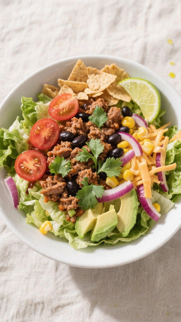 Tasty top view — Overhead shot of a composed Ground Turkey Taco Salad Bowl: crisp chopped romaine 