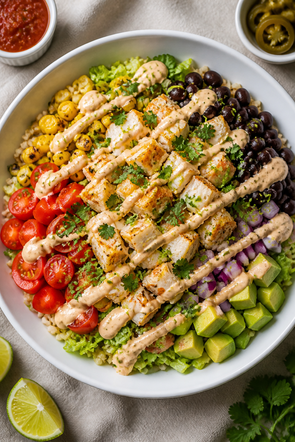 Tasty top view: Overhead shot of a high-protein fish burrito bowl beautifully arranged—base of flu