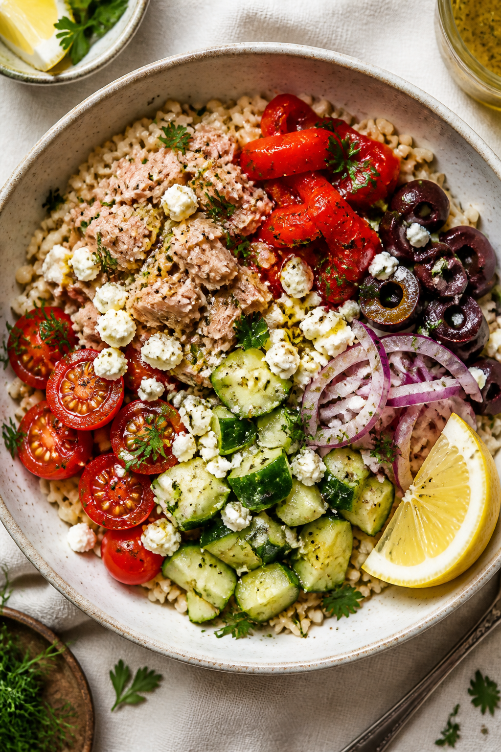 Tasty top view – Overhead shot of a Mediterranean Tuna Rice Bowl fully assembled: a wide, shallow