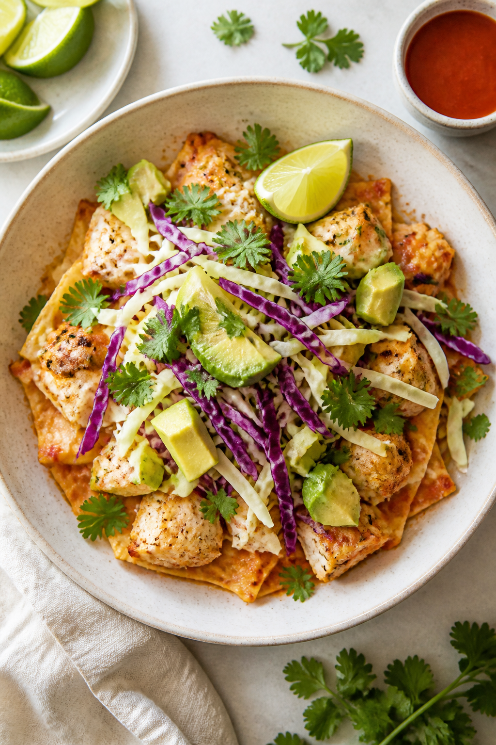 Tasty top view: Overhead shot of a plated serving of Healthy Fish Taco Casserole in a wide shallow b