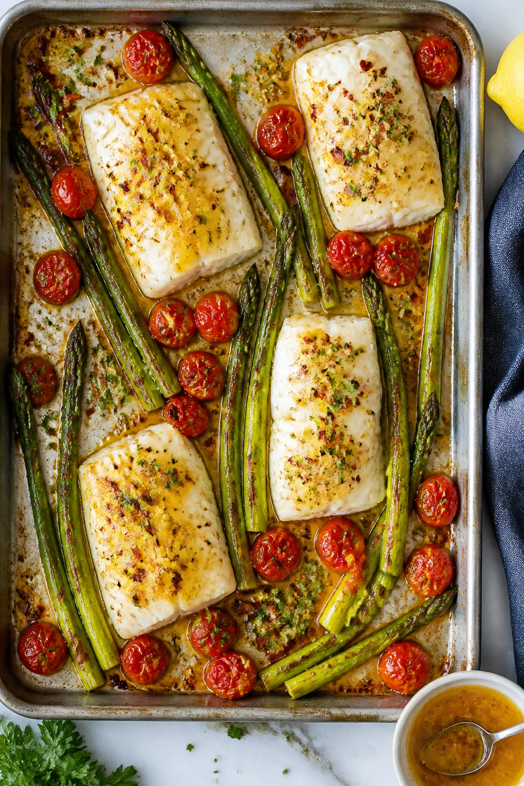 Tasty top view: Overhead shot of a sheet-pan dinner variation—cod fillets glazed generously with h