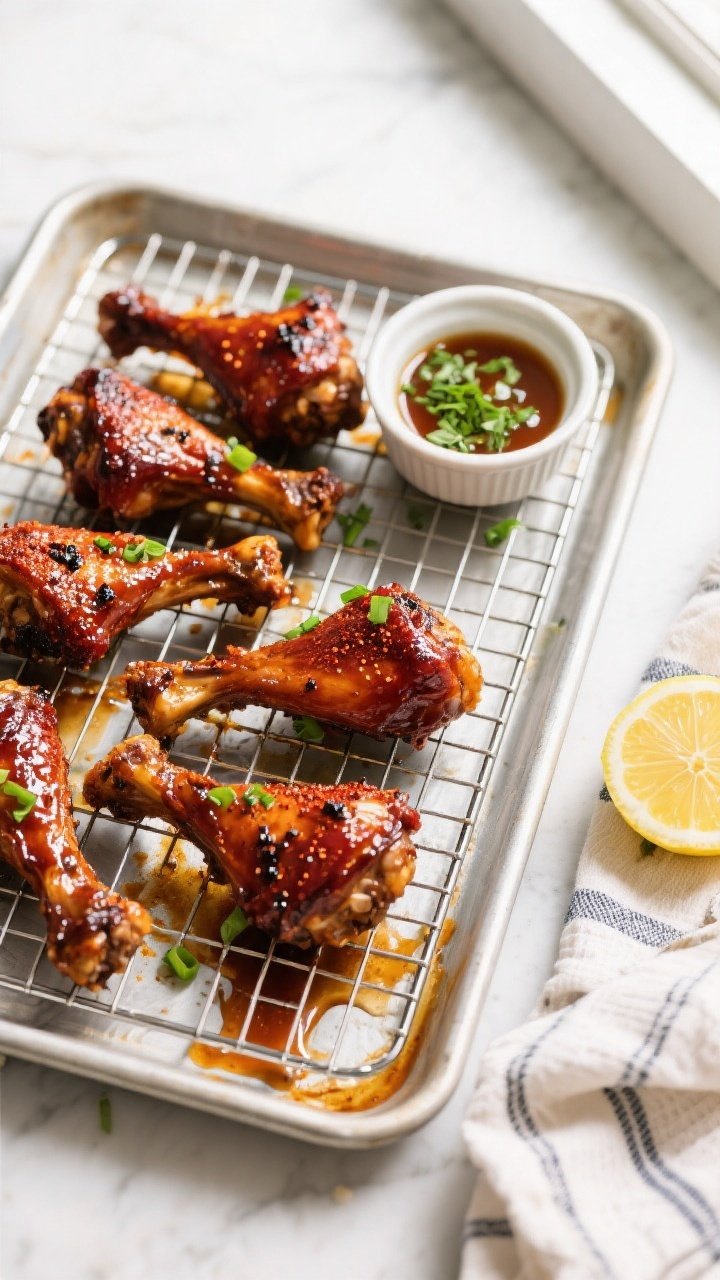 Tasty top view: Overhead shot of a sheet pan with oven-baked BBQ drumsticks on a wire rack, evenly s