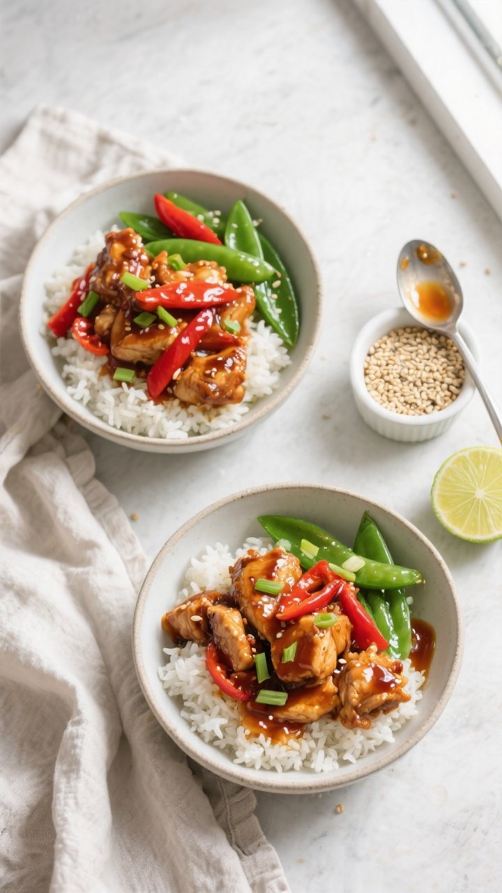 Tasty top view: Overhead shot of a weeknight dinner spread—two bowls of sweet chili chicken over r