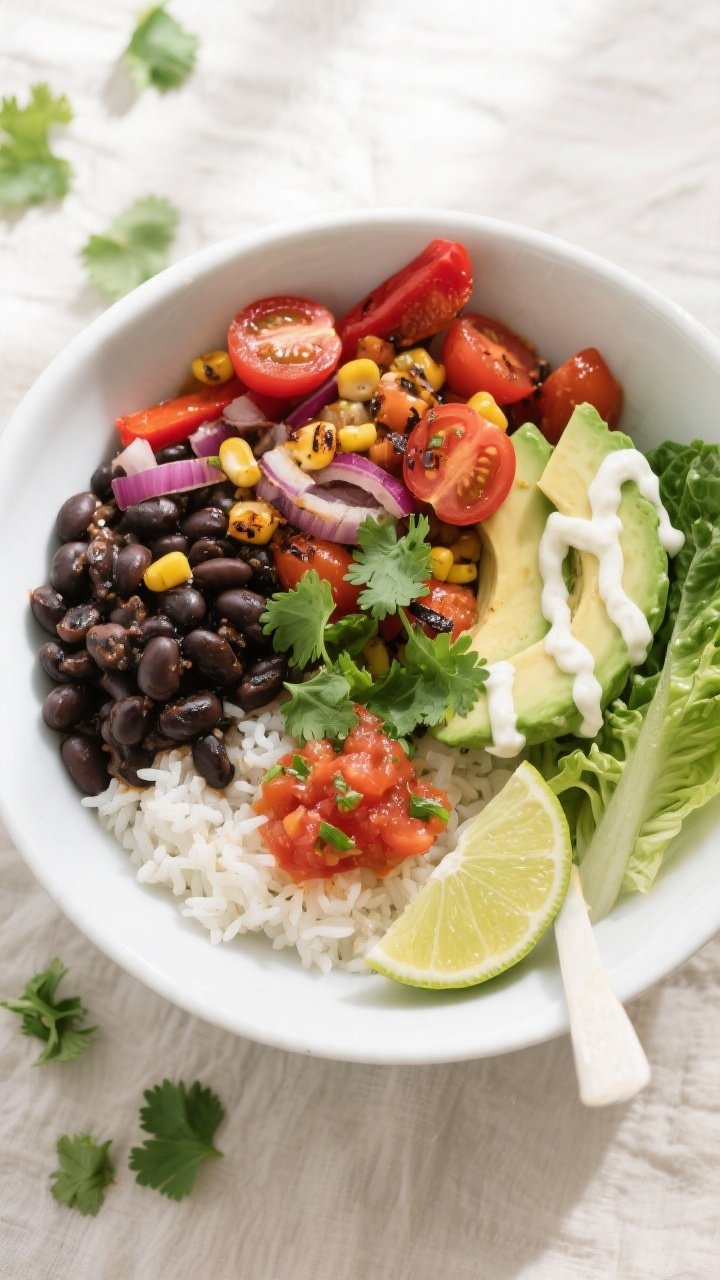 Tasty top view: Overhead shot of assembled Black Bean & Rice Burrito Bowls in wide shallow bowls—f