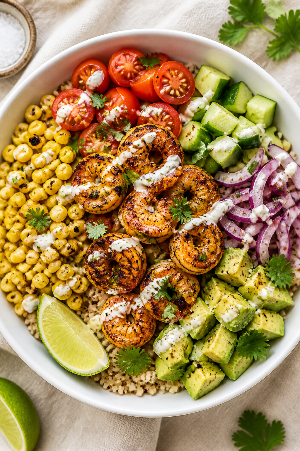 Tasty top view: Overhead shot of assembled Blackened Shrimp & Avocado Bowl on warm brown rice and qu