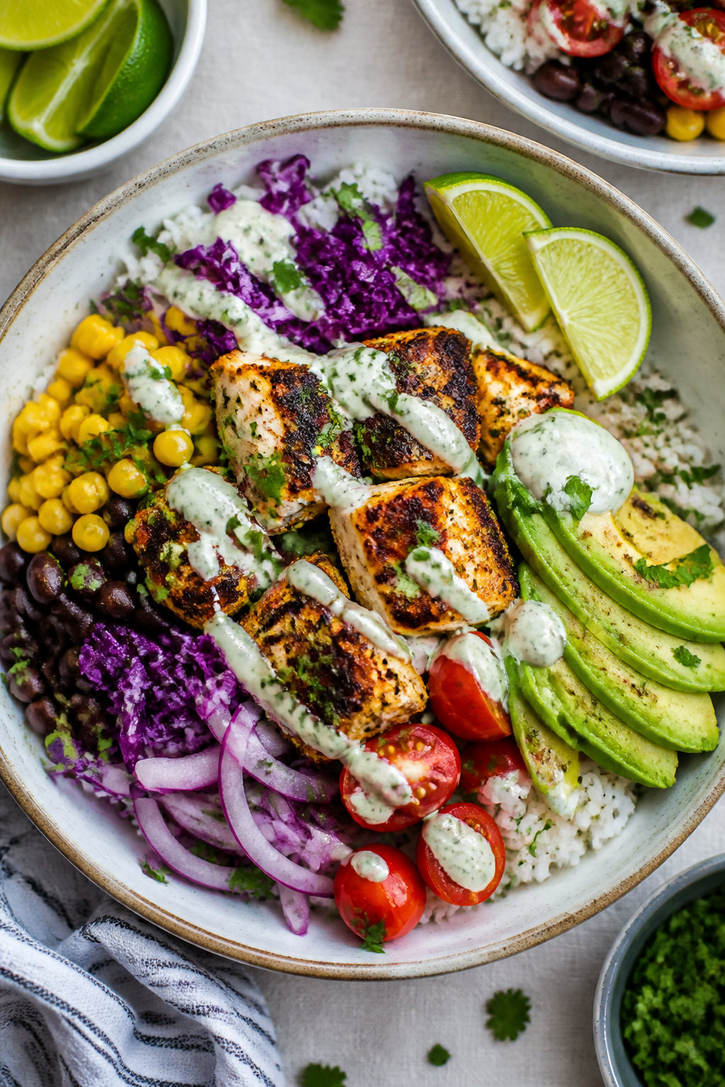 Tasty top view: Overhead shot of assembled Blackened Fish Taco Bowls, fluffy white rice base topped 