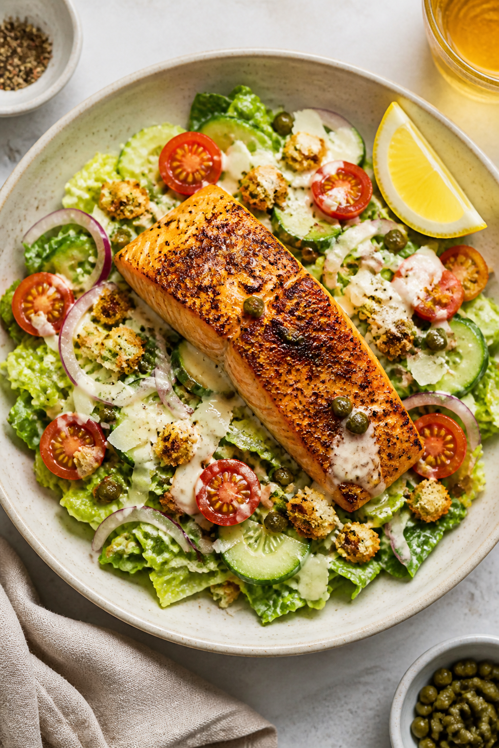 Tasty top view: Overhead shot of assembled Blackened Salmon Caesar Bowl in a wide, shallow ceramic b