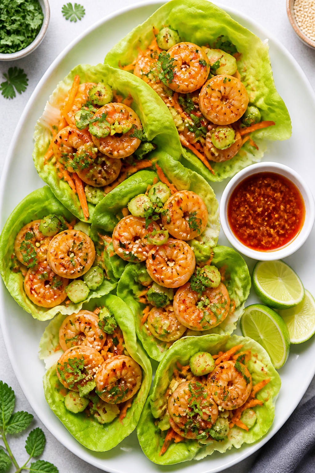 Tasty top view: Overhead shot of assembled Garlic Chili Shrimp Lettuce Wraps on a matte white platte
