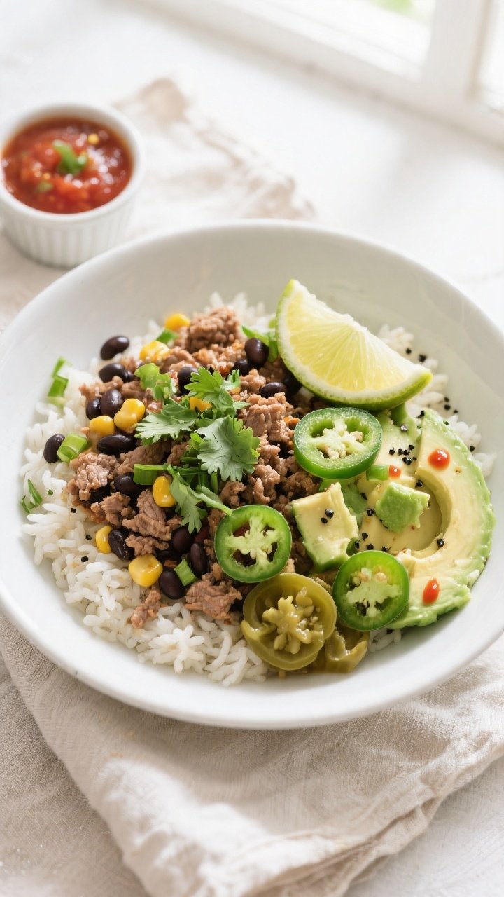 Tasty top view: Overhead shot of assembled Ground Turkey Mexican Rice Bowl in a matte white shallow 