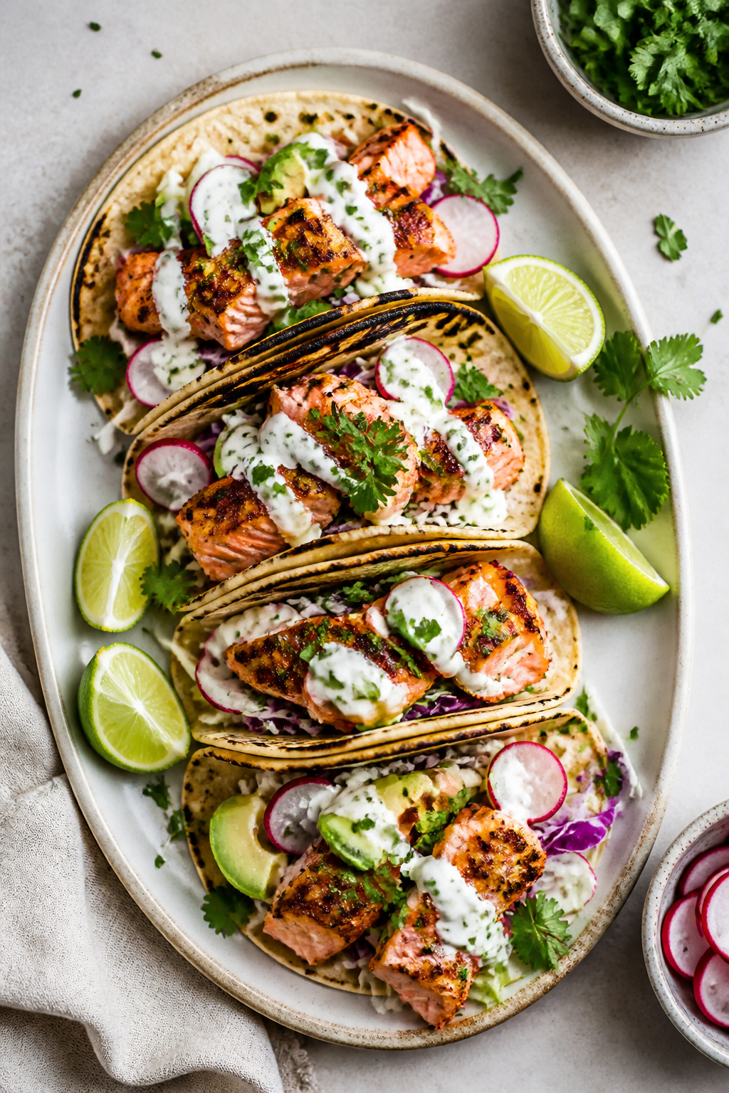 Tasty top view: Overhead shot of assembled Healthy Honey Lime Salmon Tacos on a neutral ceramic plat