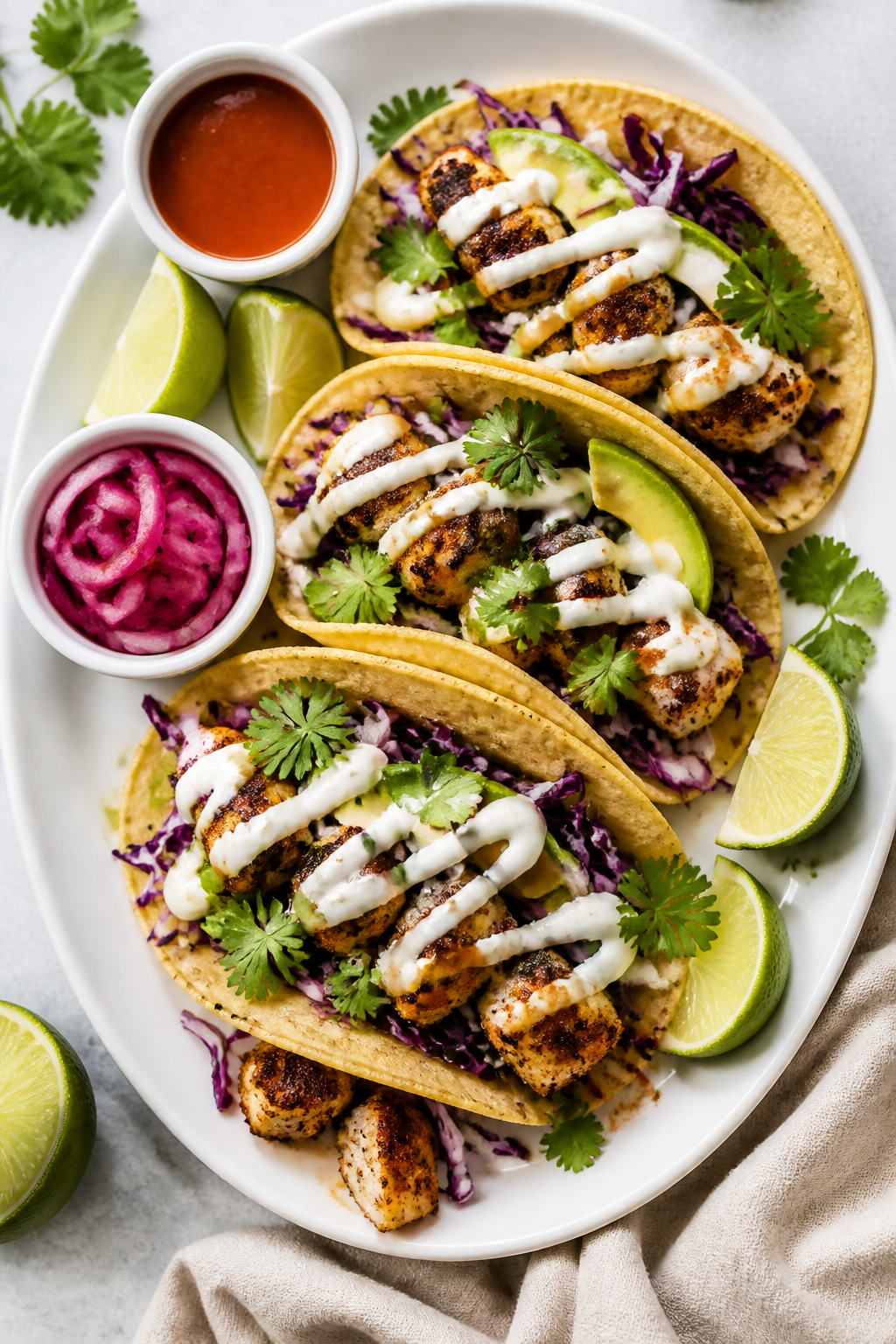Tasty top view: Overhead shot of assembled Healthy Blackened Cod Tacos on a matte white platter—wa