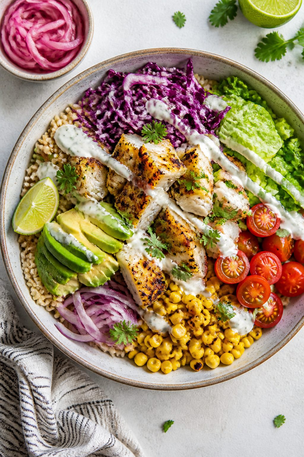 Tasty top view: Overhead shot of assembled Healthy Fish Taco Bowl in a wide, shallow ceramic bowl—