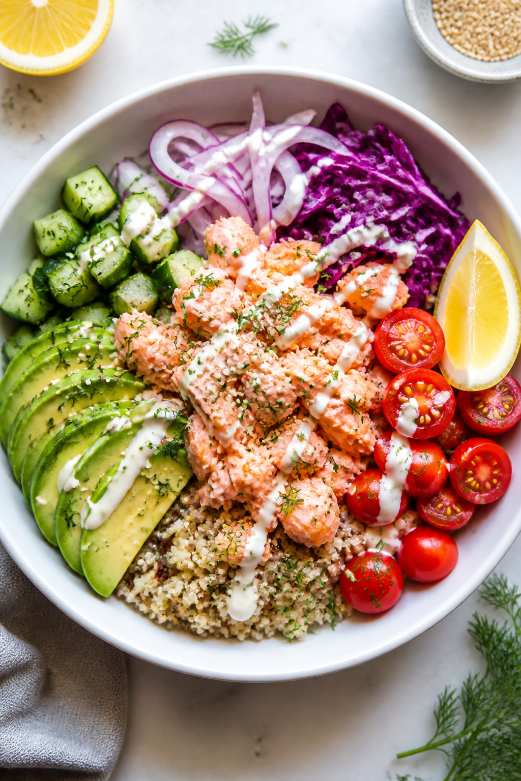 Tasty top view: Overhead shot of assembled High Protein Salmon Power Bowl in a wide, matte white bow