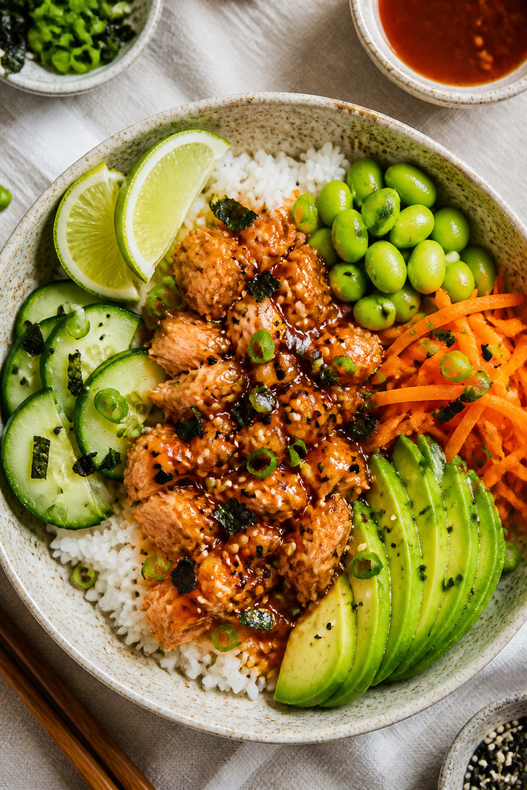 Tasty top view: Overhead shot of assembled Honey Sriracha Salmon Rice Bowls—fluffy jasmine rice ba